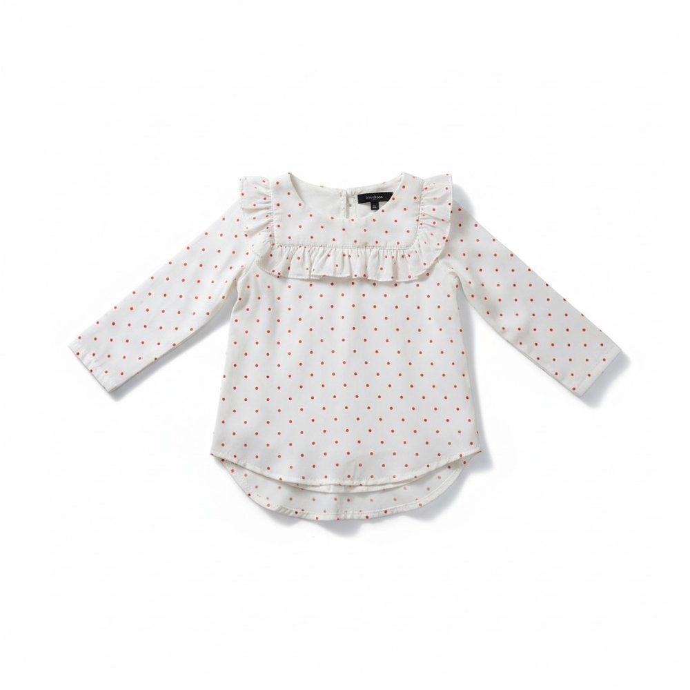 Girls White Ruffle Polka Dot Long-Sleeve Blouse